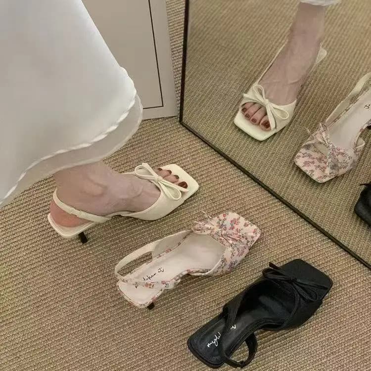 Fashionable Satin Side Open Sandals Women's Knot Elastic Strap Thin Heel Low Cut Casual Slip on Shoes French Style Pure Color