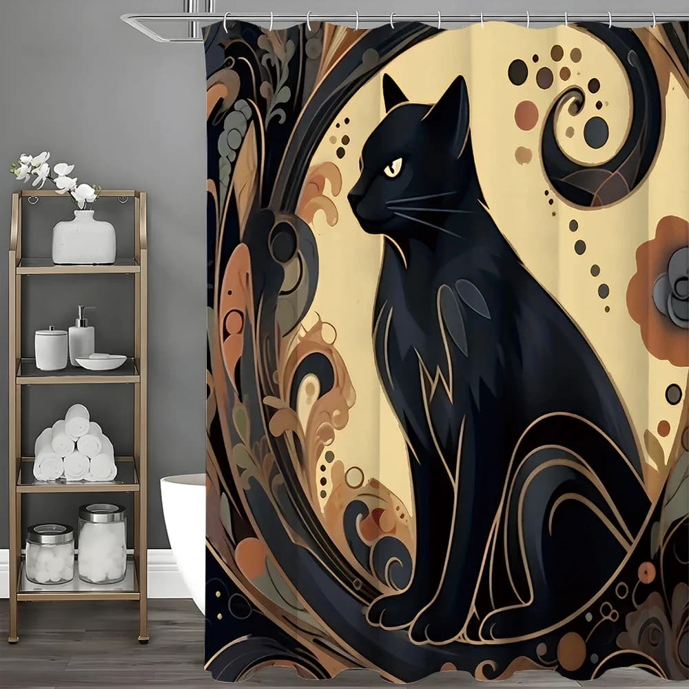 Tenda da doccia misteriosa gotica con gatto nero, carta dei tarocchi Tenda da doccia decorativa per bagno con piante di fiori Wiccan