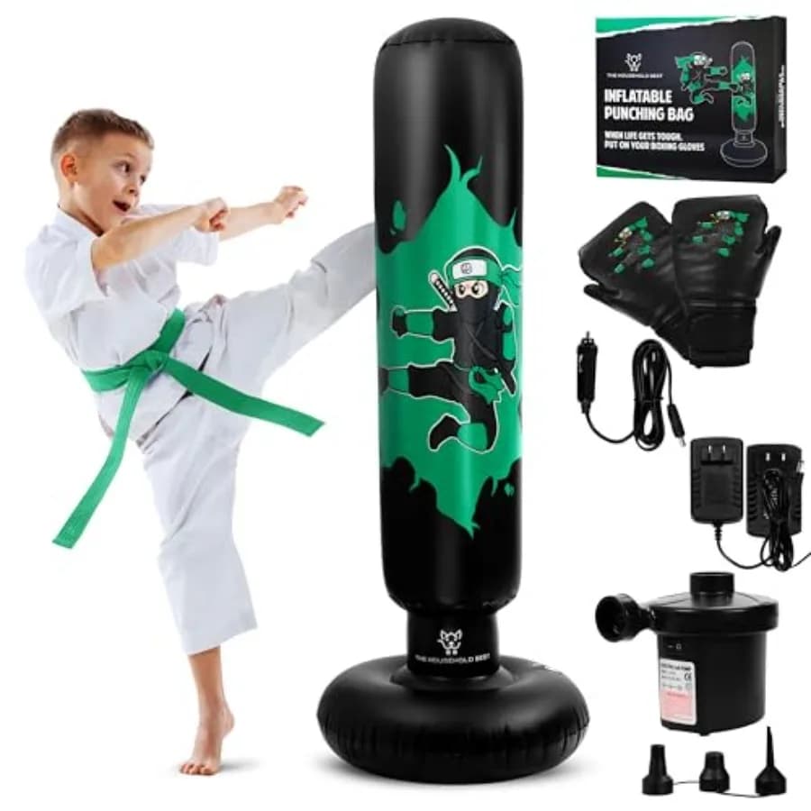 Sacco da Boxe THB - Sacco da Boxe Gonfiabile con Guantoni da Boxe per Bambini 3-8 Anni, Sacco da Boxe Ninja da 63 Pollici con Pompa Elettrica per Praticare