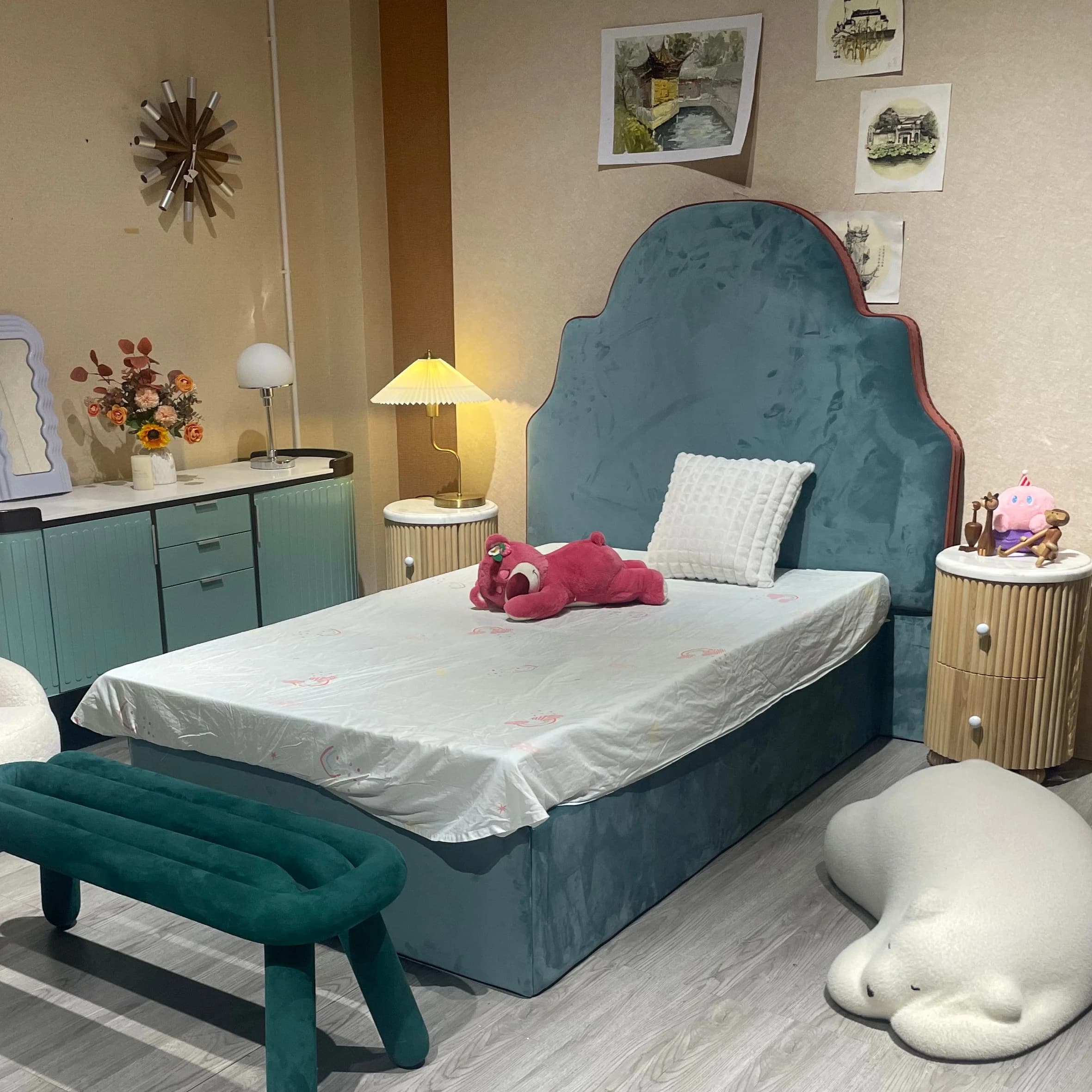 &Customize Foundation Sleep Beds Base Wood Platform Velvet Button-tufted Padding Headboard Upholstered Bed Midcentury King