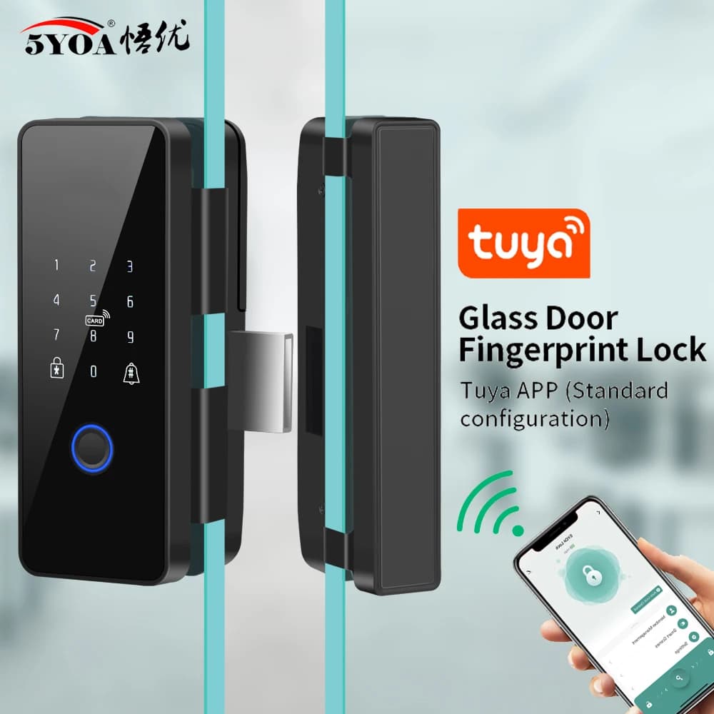 Tuya APP Glasses Fingerprint Lock Bluetooth Smart Glass Door serratura elettronica biometrica 13.56Mhz RFID Remote Control Unlock