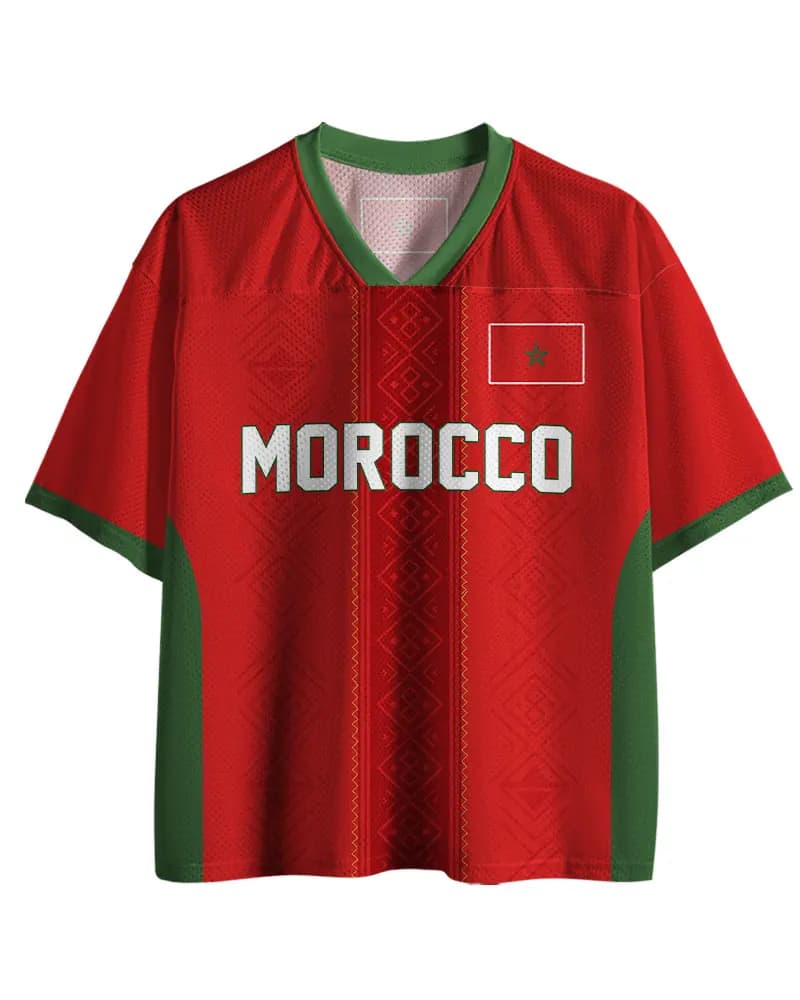 Men's Moroccan Printed Football Shirt Short Sleeved V-neck Mesh T-shirt Moroccan Geometric Pattern Super Street Top T-shirt