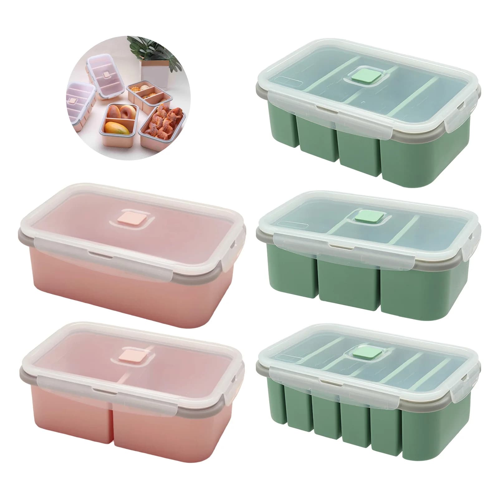 Stampo in Silicone per Cubetti di Ghiaccio e Contenitore per Alimenti con Coperchio, 1/2/3/4/6 Scomparti, Utensile da Cucina