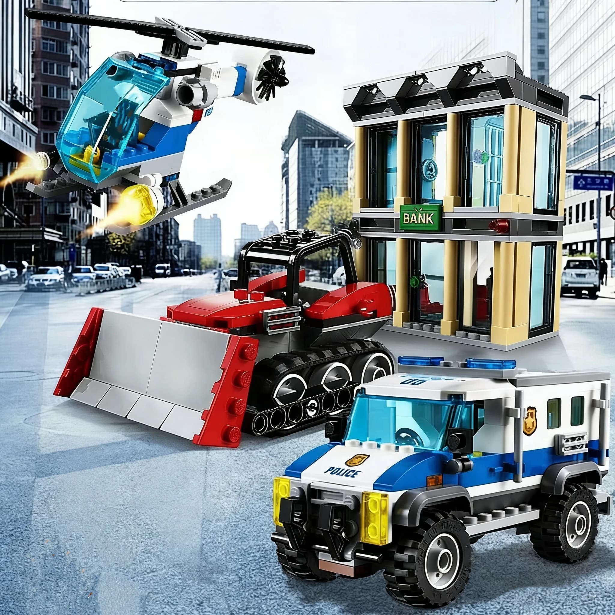 Set MOC Compatibili Serie City, Blocchi da Costruzione 60140 Bulldozer, Auto della Polizia per l'Assalto al Bancomat, Giocattoli da Assemblare, Regalo