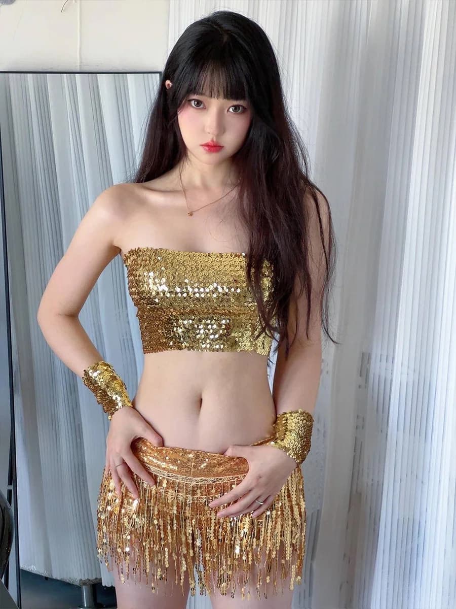 Skirt with Paillettes Luccicanti and Shorts with Frange, Women's Entertainment Costume, Latin Dance Dress, Ball Costume