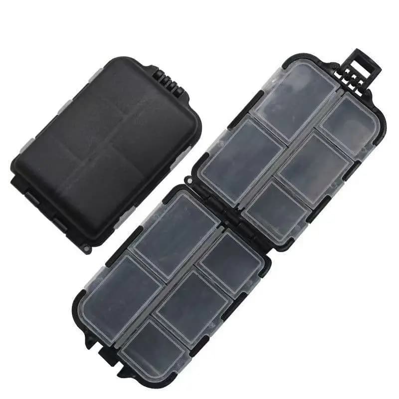 1x black rigid box for fishing gear, handheld case for artificial baits, storage box to be used to store lids, mask hooks, ballast, 10 compartments