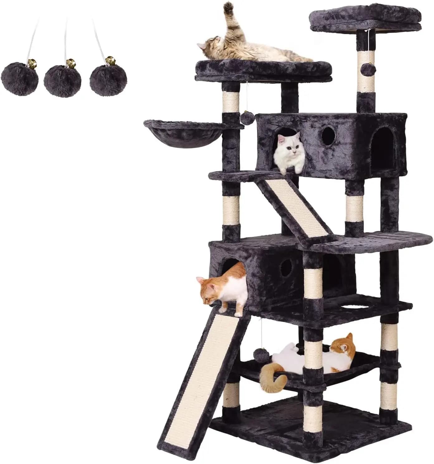 Cat Tree Cat Tower 70.1 in, Multi Level Cat Scratching Post with Condos, Ladders, Basket, Hammock & Plush Perches for Kittens, L