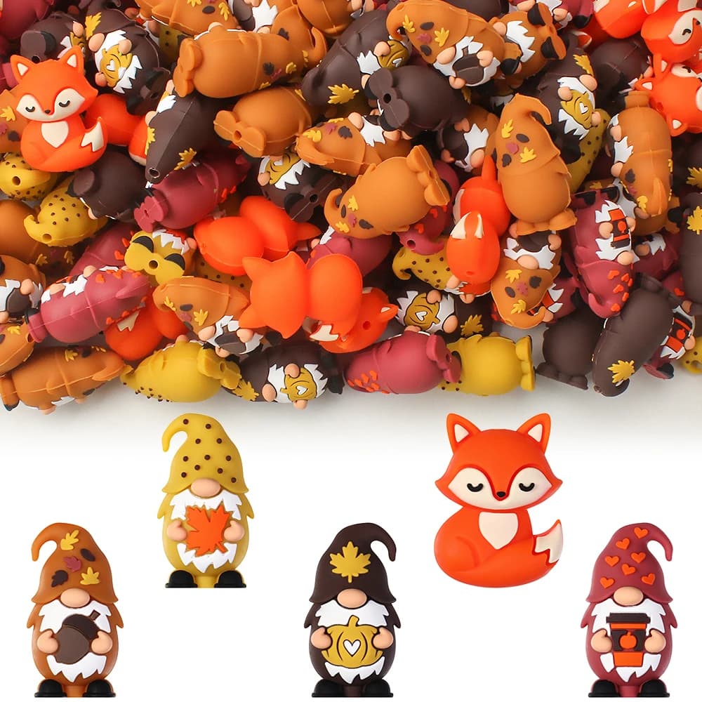 5/10/20/50PCS Autumn-Themed 3D Silicone Bead, Fox, Coffee /Maple Leaf /Pumpkin /Pine Nut Gnome Focal Beads for Jewelry Making