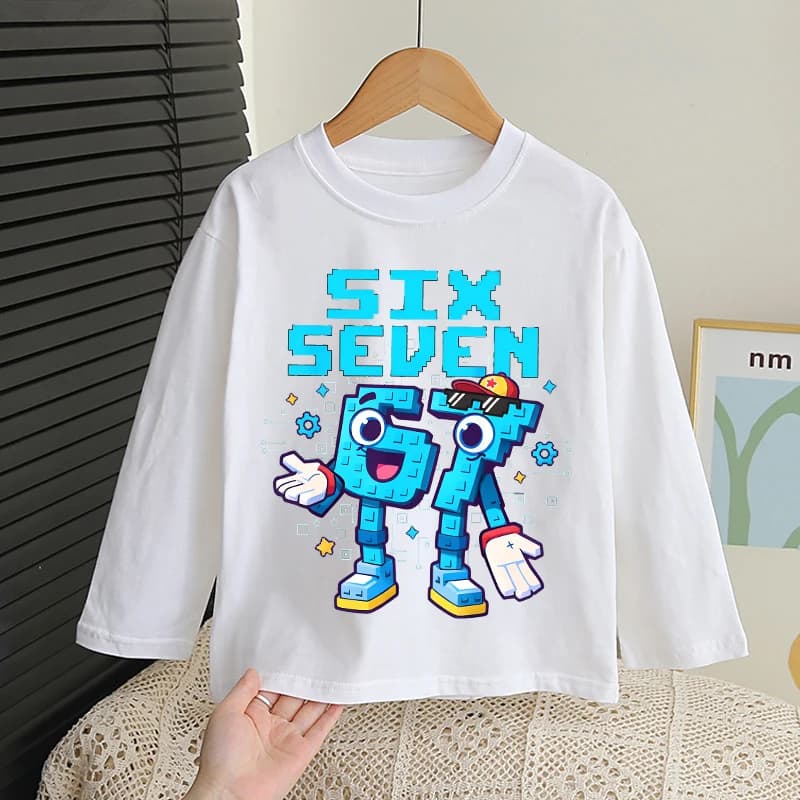 Steal A Brainrot Long-sleeved T-shirt for Boys Girls 67 Six Seven Cartoon Printed Long-sleeved Top Children Fashion Base Layer