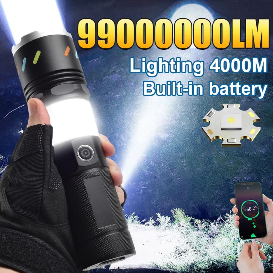 Torcia LED ad alta luminosità 99000000LM, lanterna super luminosa, lampade ricaricabili USB, luce COB, torce tattiche per il campeggio