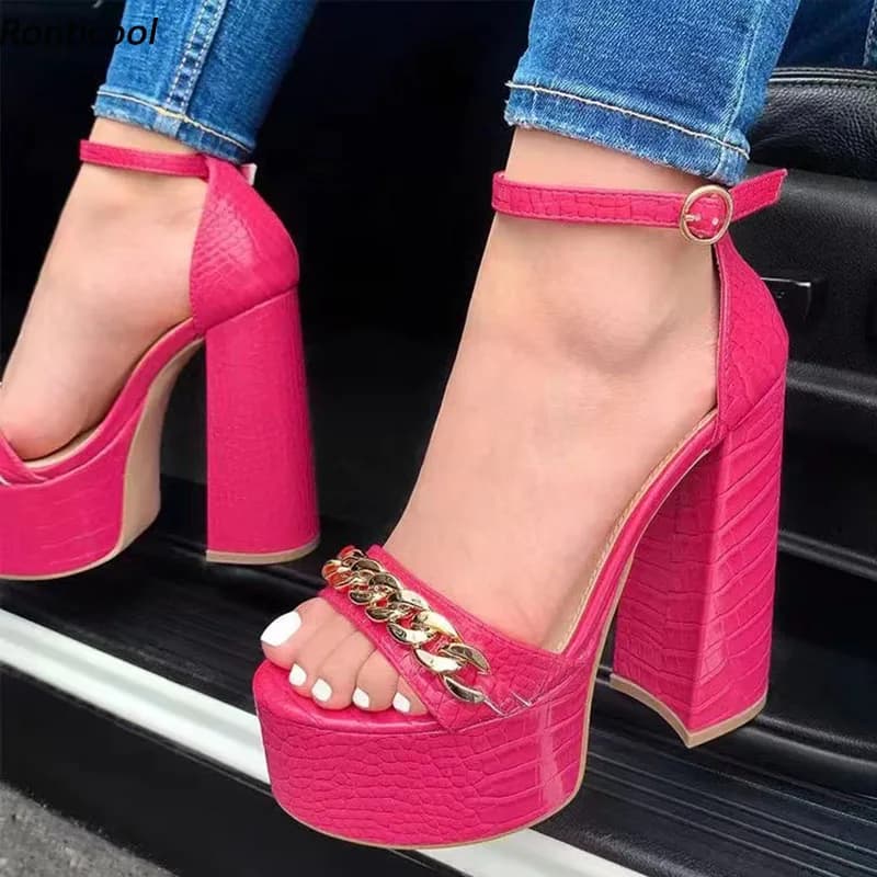 Rontic Handmade Women Platform Sandals Crocodile Square High Heels Open Toe Pretty Fuchsia Pink Green Party Shoes US Size 5-15