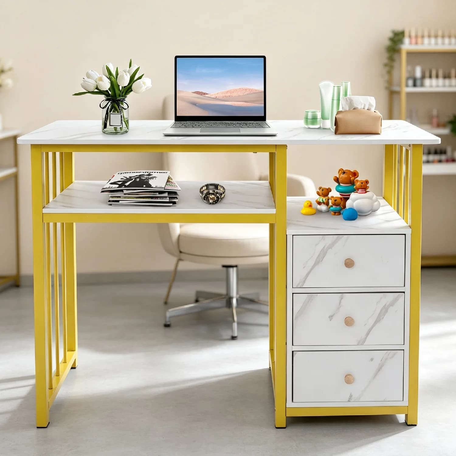 100*40*76cm Marbling Texture Manicure Desk, Floor Mount Nail Desk Manicure Table with 3 Drawers, Professional Workstation for Living Rooms, Offices, Nail Salons