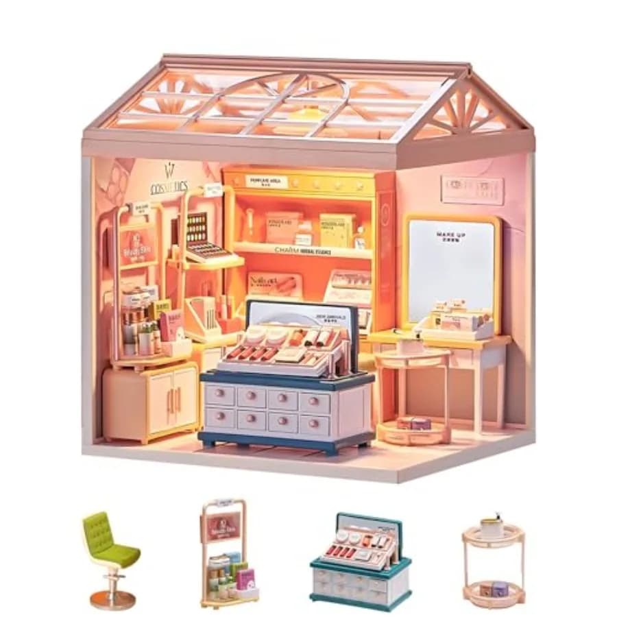 Kit Casa in Miniatura Fai-da-Te con Mobili e Luci LED, Modellino di Casa in Vari Colori, Set di Blocchi in Legno per Adulti