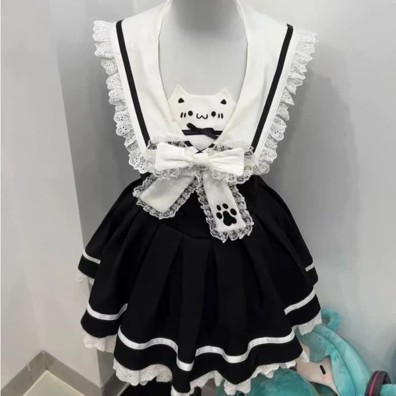 Abito Lolita stile Preppy giapponese donna Kawaii Bow Sailor Collar Cat Print Gothic Y2k Mini abiti Harajuku Punk Backless Dress