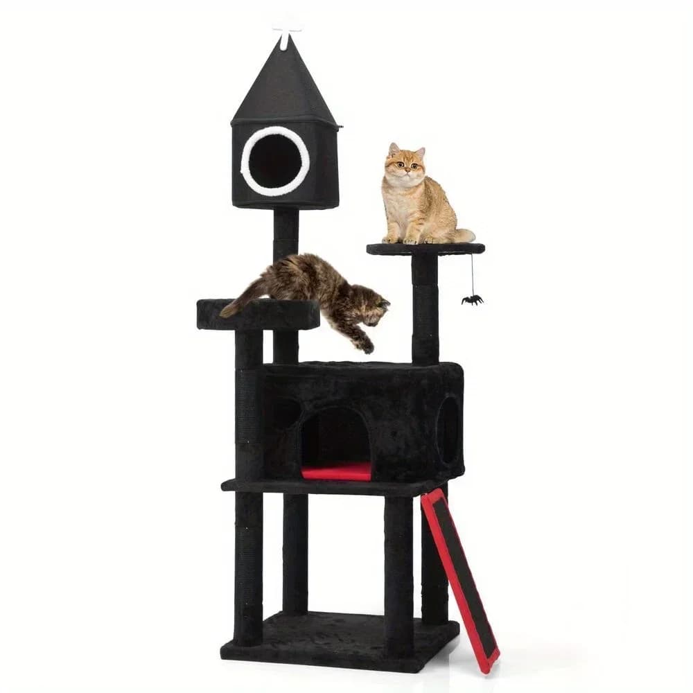 Albero per gatti gotico da 64 pollici con letto a forma di bara, torre per gatti da interno con piattaforma e casetta