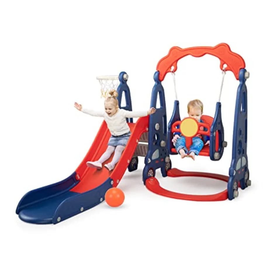 Set Giochi 4 in 1 con Scivolo e Altalena Autoportante per Bambini con Canestro da Basket, Parco Giochi per Bambini da Interno ed Esterno