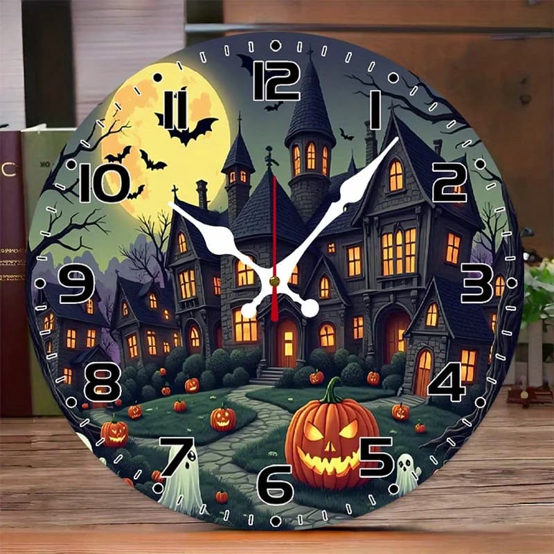 1 Piece Halloween Spectral Wall Clock - Silent Round Flat Clock with 10 Inch Ticking Design Moonlight Castle, Pumpkin and Bats -