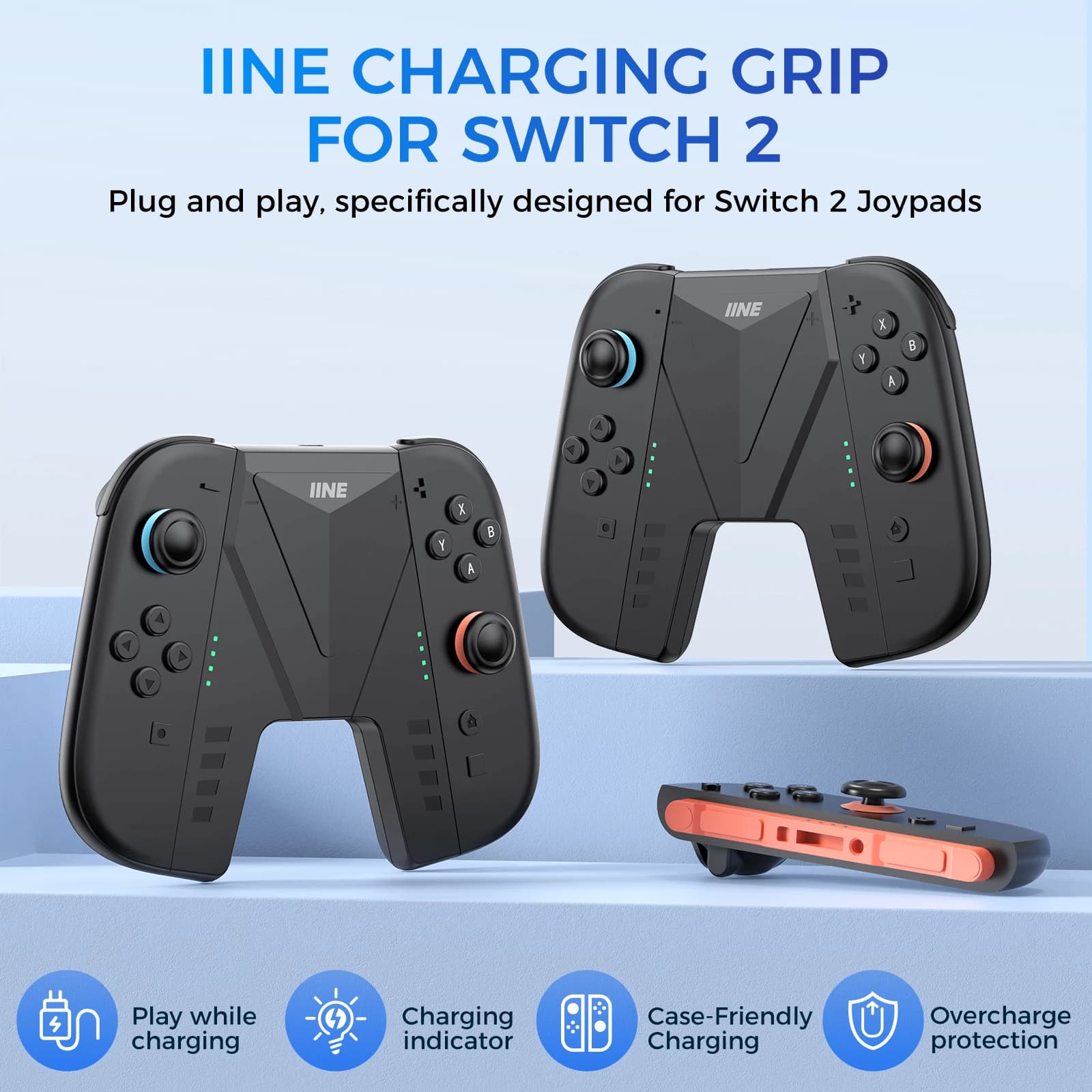 Impugnatura di ricarica ergonomica IINE per Switch 2/NS2/Switch2, riproduzione e ricarica, indicatore luminoso, protezione da sovraccarico, custodia