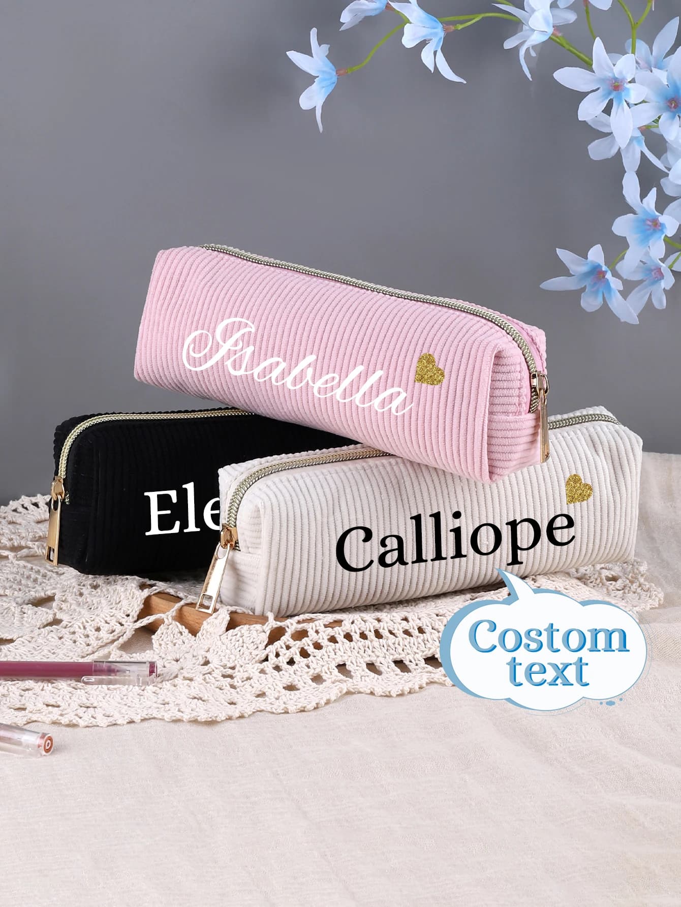 Heat Transfer Custom Name Corduroy Pencil Bag,Corduroy Pencil Case,Sweet Custom Gift for Back to School and Student Birthday