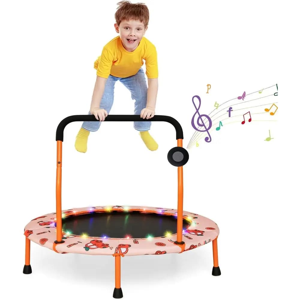Trampolino portatile con luci LED e Bluetooth per bambini, con copertura imbottita, adatto per uso interno ed esterno