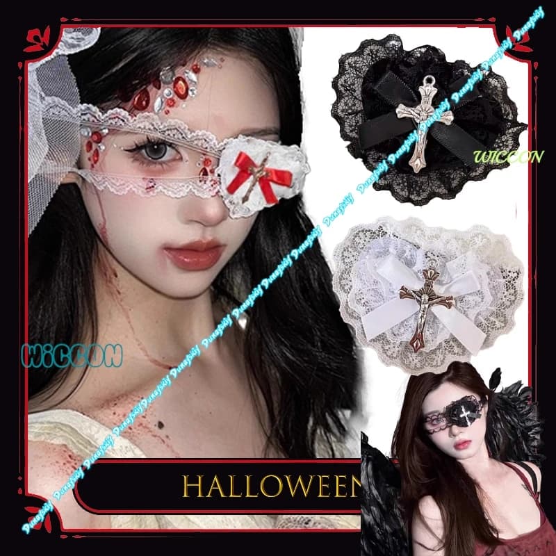 Lace Eye Mask with Heart Gothic Lolita Nun Accessory Halloween Cosplay Anime Outfit Gothic Face Accessories