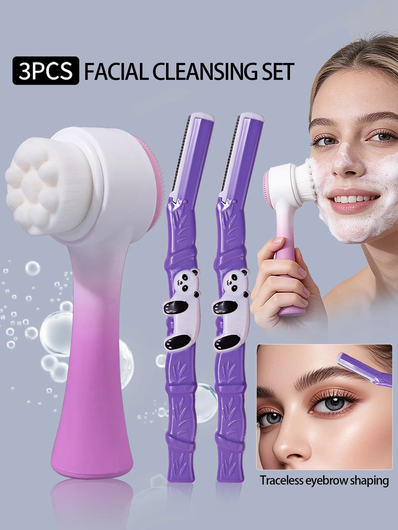 Set of 3 face cleaning brushes, face cleaning brush with vertical gradient, set of knives to finish eyebrows, portable face makeup