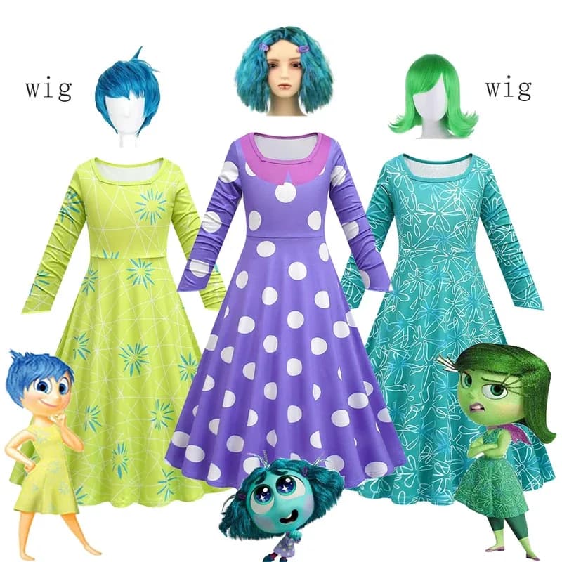 lHalloween Cosplayl Nuovo cartone animato Inside Out 2 Abiti da principessa per bambini per ragazze Costume Joy Inspired e Envy Abito cosplay + Maschera + Wi