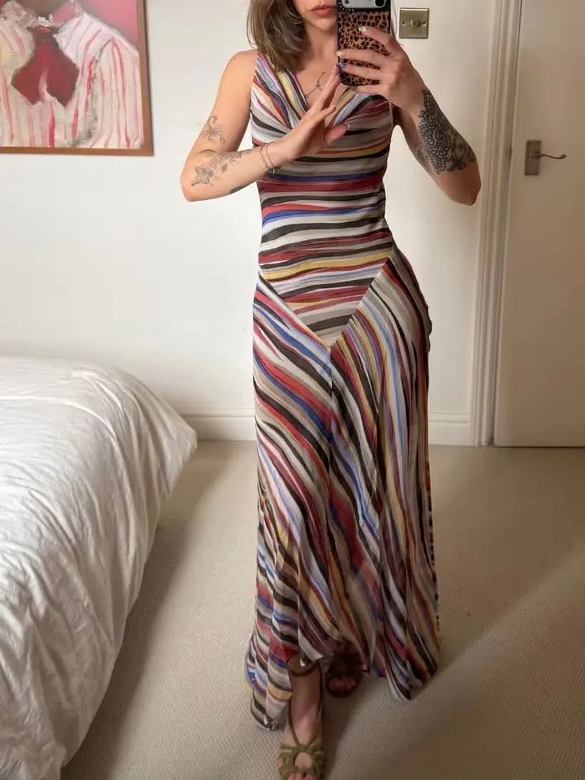 Abito Lungo da Donna a Righe con Colletto Sciolto, Senza Maniche, Vita Alta, Casual, Slim, 100% Seta, Collezione Estate 2026