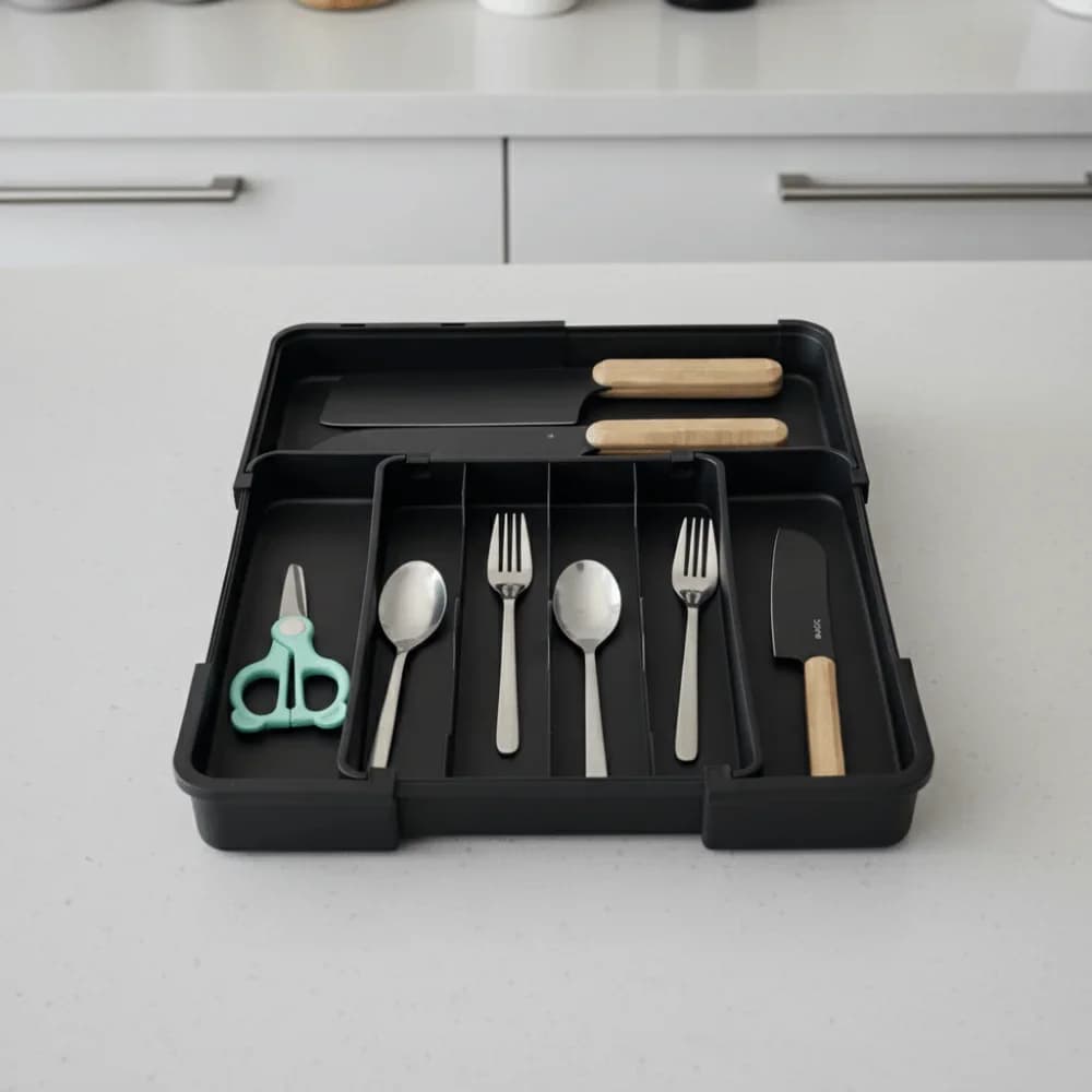 Contenitore Portaposate Estensibile a 6 Scomparti, Vassoi Separatori Regolabili in Plastica, Scatola Salvaspazio per Stoviglie