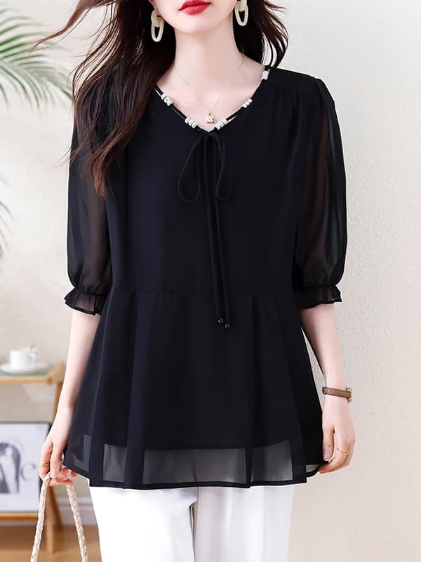 Camicetta Estiva da Donna Taglie Forti, Scollo a V, in Chiffon, Manica 7/8, Unica e Bellissima, che Nasconde le Forme e Snellisce, alla Moda