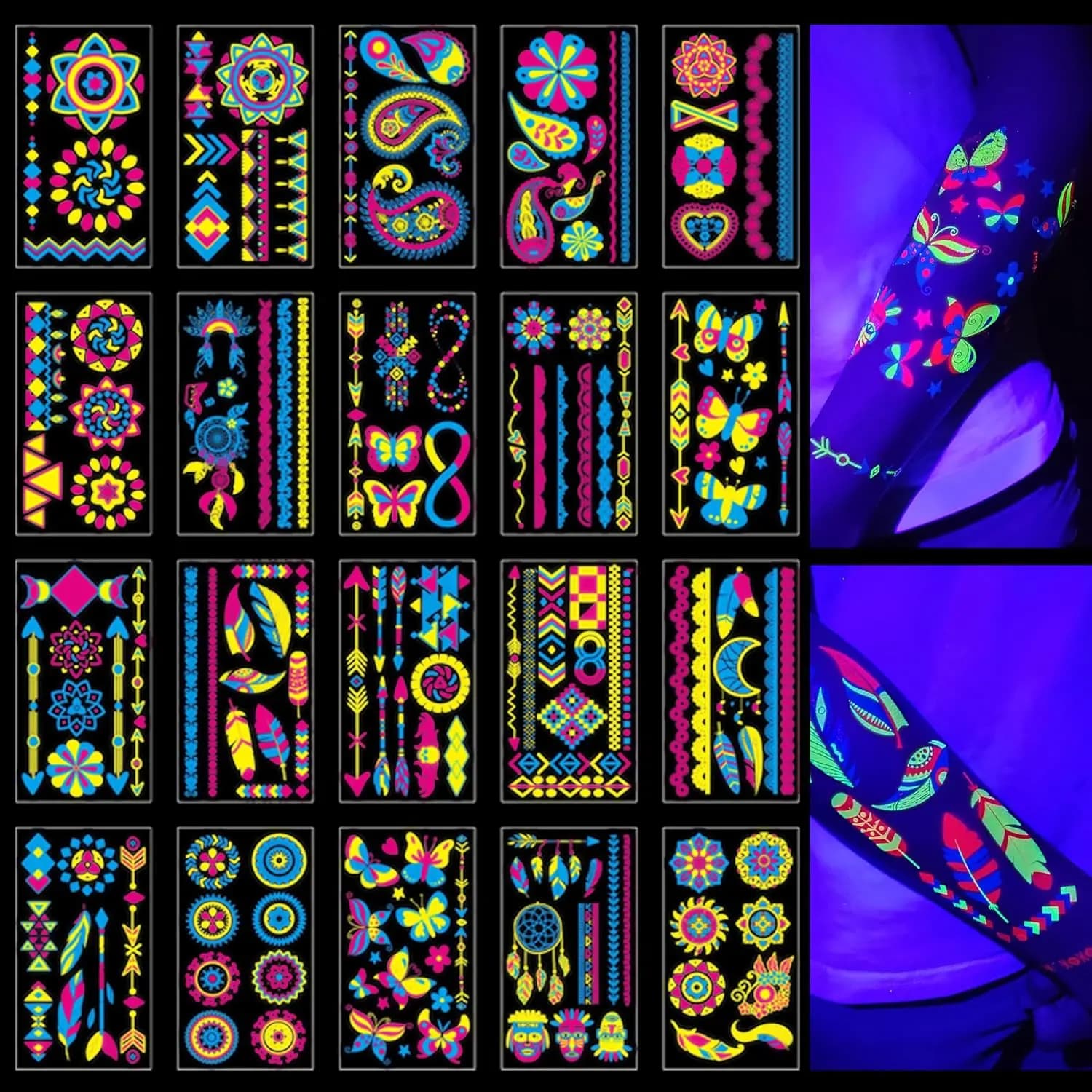 Tatuaggi che si illuminano al buio 172 pezzi – Forniture per feste che si illuminano al buio, Corpo al neon Be UV Blacklight Tatuaggi temporanei per il viso reattivi