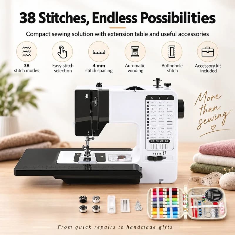 38 built-in stitches, portable sewing machine comes with a sewing accessory kit, DIY quilting sewing machine suitable for home