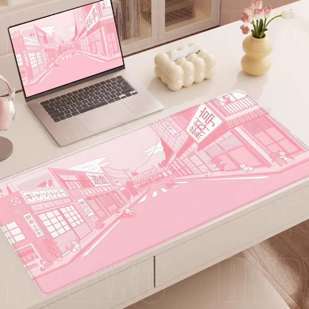 Tappetino da scrivania Kawaii Pink Street, grazioso tappetino per mouse con gatti anime pastello, tappetino da gioco grande XL con motivi di strade di Tokyo e cortili giapponesi.