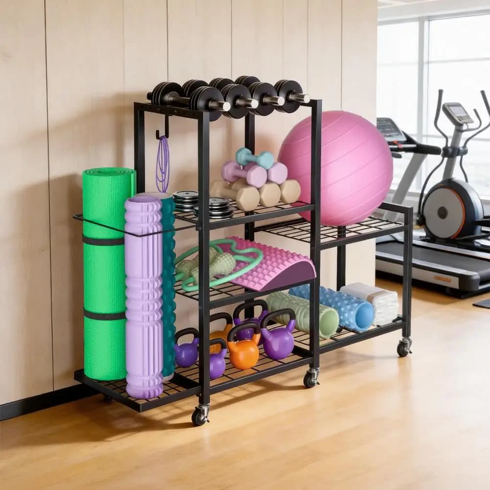 Organizer for adjustable handlebars and yoga mats, home gym shelf with wheels, multi-layer storage rack with fitness gear wheels