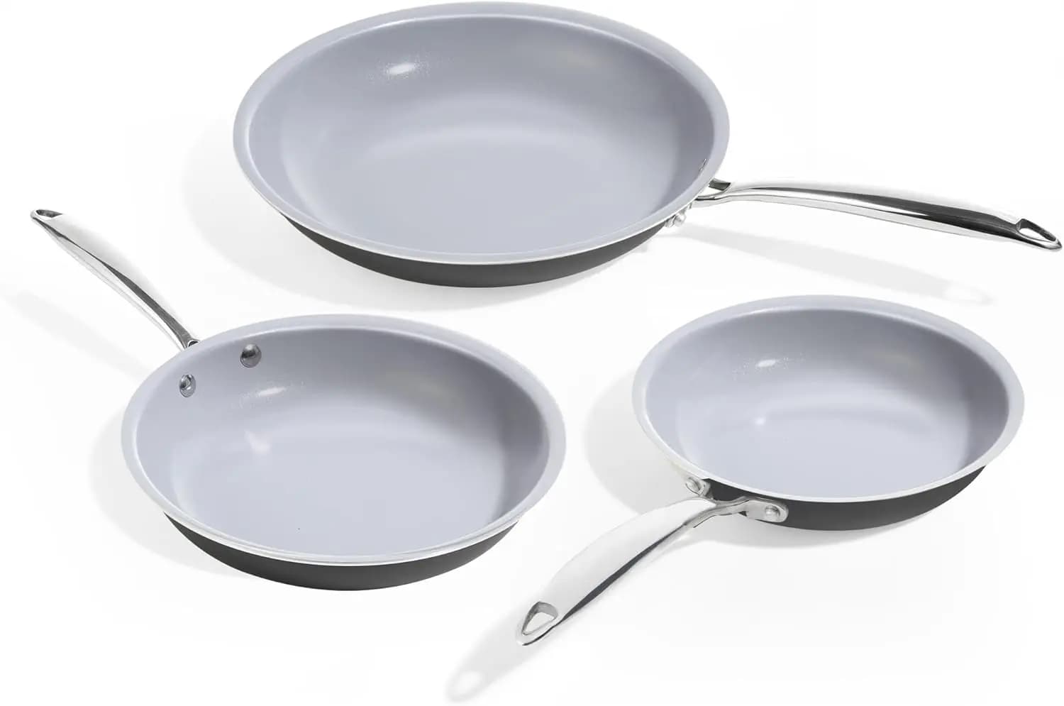 Set of Ceramic Tiles, Titanium 8" 9.5" 11", Refined Handle, PFAS-free, Dishwasher Washable and Used in Oven, Grey Color