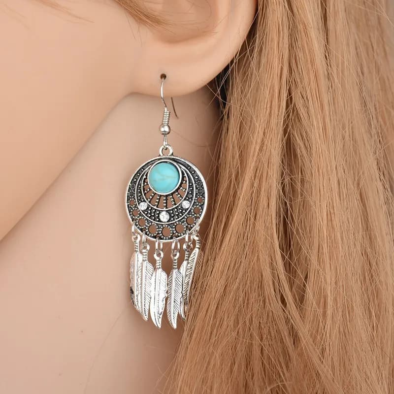Retro Ethnic Style Earrings Dreamcatcher Leaf Fringe Turquoise Ear Pendants Feather Fringe Earrings Women's Fashion Jewelry
