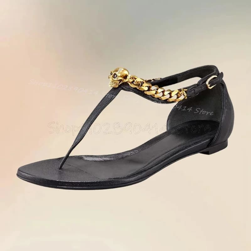 Catena d'oro Teschio Design Infradito Sandali Cinturino con fibbia alla caviglia Scarpe da donna Low Top Fashion Party Banquet 2025 Zapatos Para Mujere