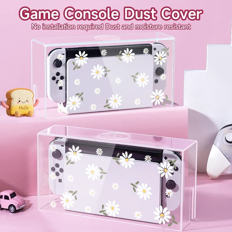 Una vetrina trasparente con copertura antipolvere in acrilico adatta per console di gioco Switch ns/oled, che fornisce protezione anticaduta e dai graffi.
