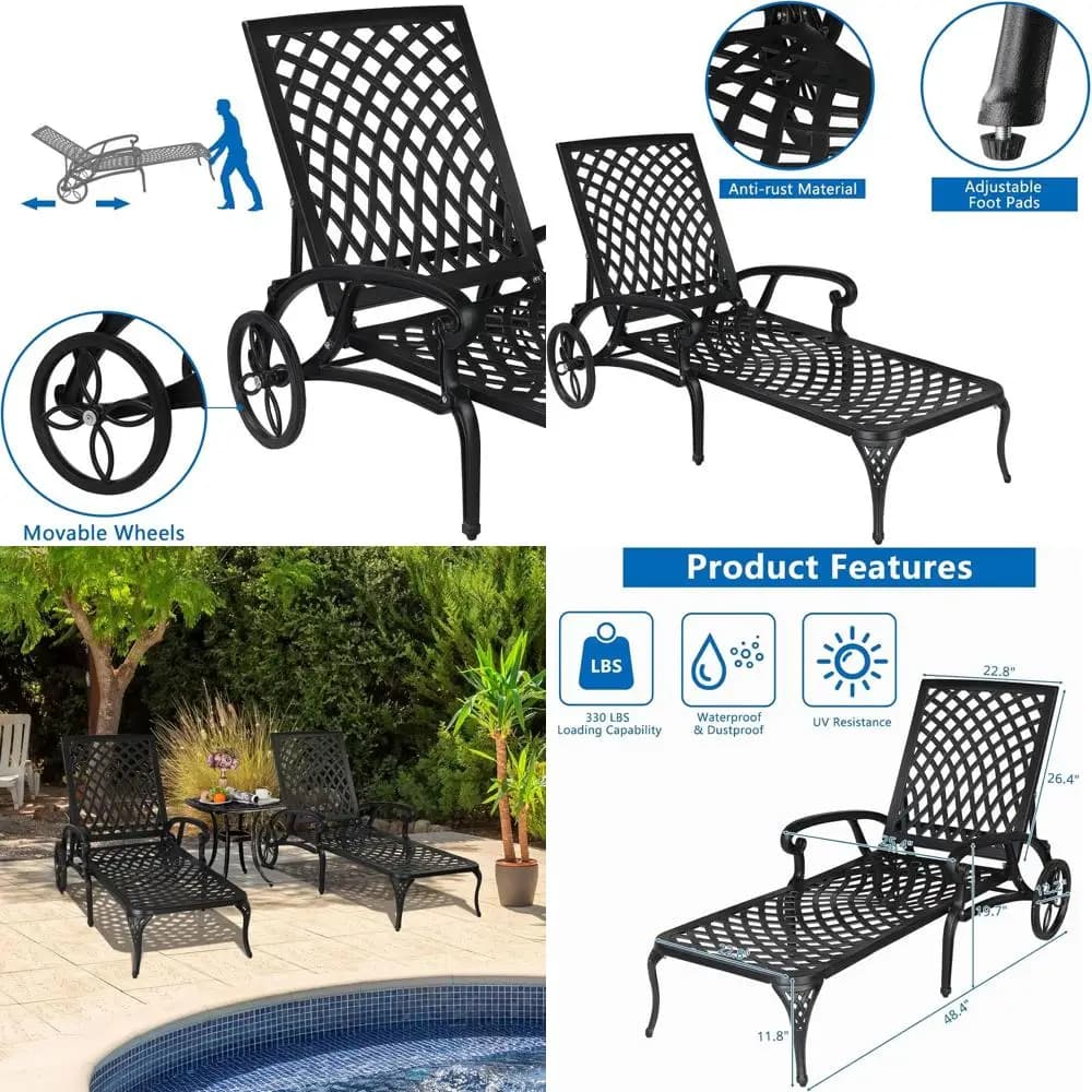 3-position adjustable garden armchair with wheels for outdoor relaxation (black, pillow not included)