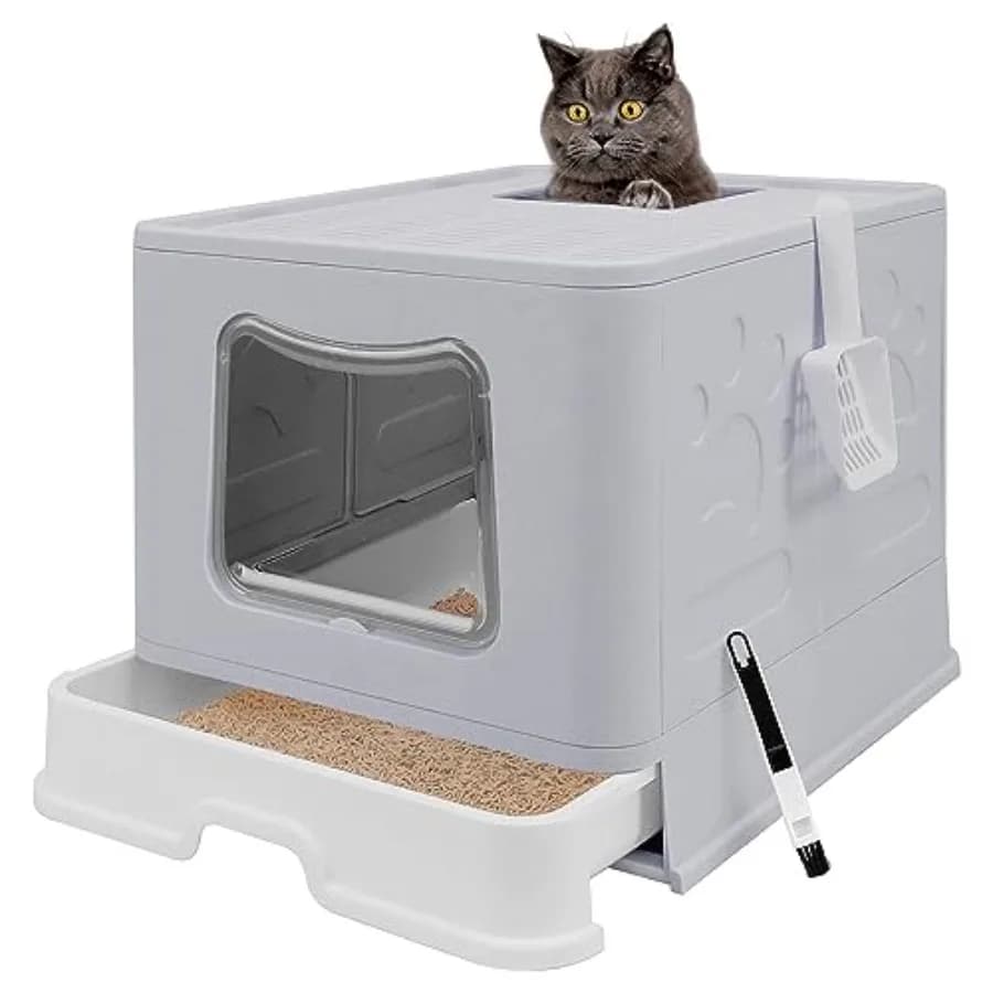 Lettiera per Gatti XL Pieghevole con Coperchio - Toilette Chiusa Jumbo - Ingresso Superiore Anti-Schizzi - Include Paletta e Kit Pulizia 2-in-1