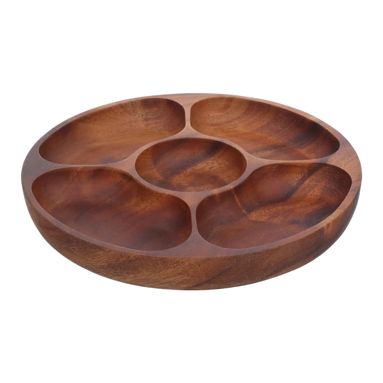 Vassoio Rotondo Diviso in 5 Sezioni in Legno di Acacia per Antipasti, Noci, Frutta Secca e Caramelle