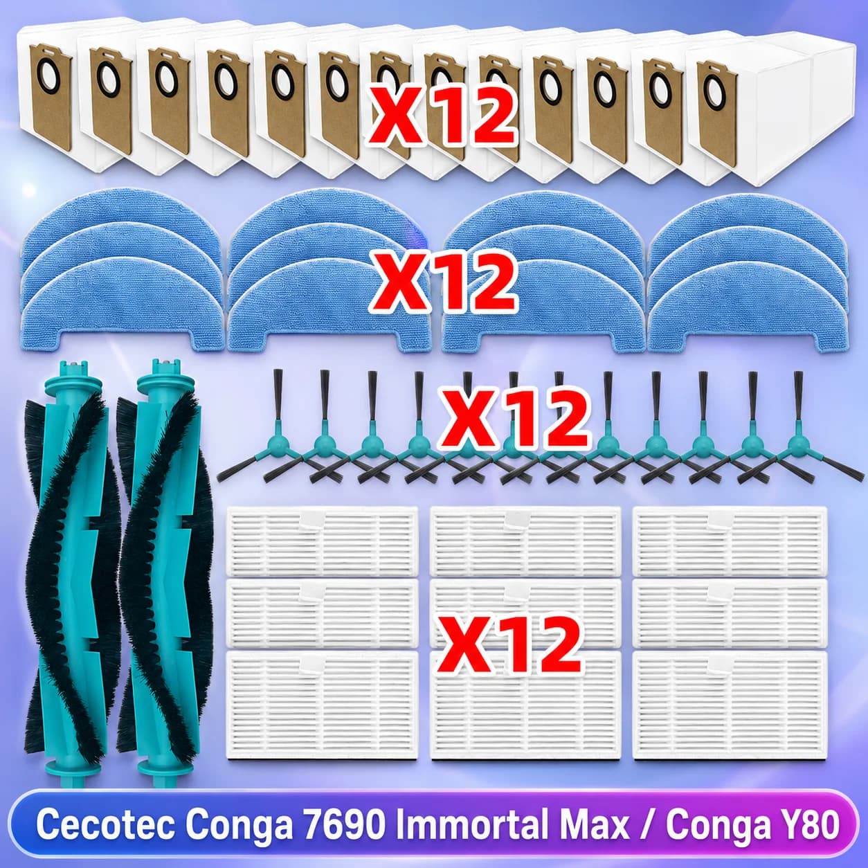 Compatibile con Cecotec Conga 7690 Immortal Max/Max Home, Conga Y80 / Y80 X-TREME , Dreame Mova E20 Plus, ROPO Vision PRO, Liectroux M70 Pro,Ultenic T20 Pro Parti per Spazzola principale Spazzola laterale Filtro Panno
