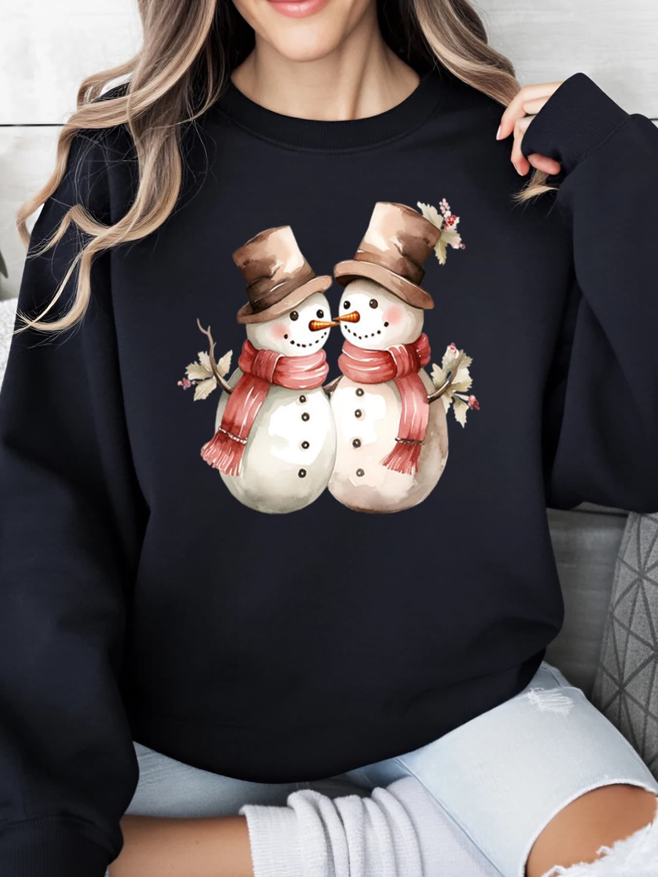 Pupazzo di neve Coppia Stampa Felpa natalizia Donna Vacanza invernale Abbigliamento casual Nero Taglie forti
