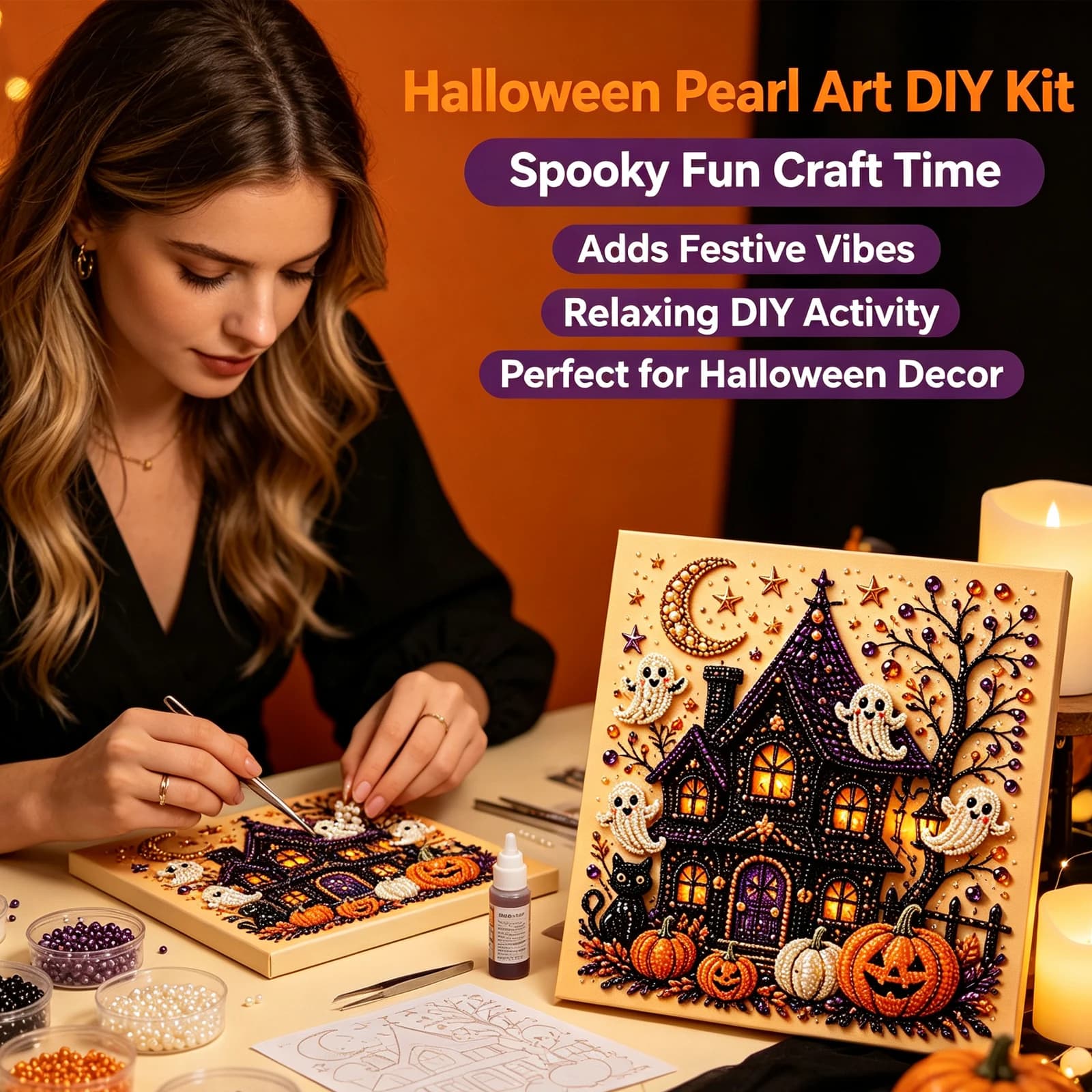 Dowmoo Halloween Pearl Art Diamond Painting DIY Kit Spooky Cute Pattern Wooden Bead Craft Set Holiday Creative Home Decor Gift
