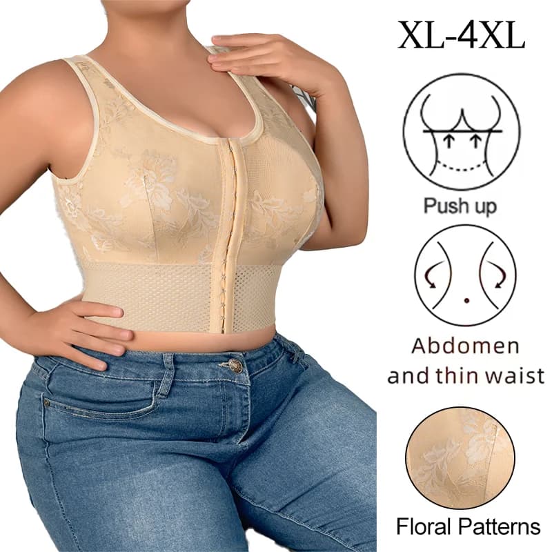 Front Closure Push Up Bra Women Underwear Ultra Thin Cup Breathable Wireless Floral Bralette Shapewear Tummy Control Vest XL-4XL