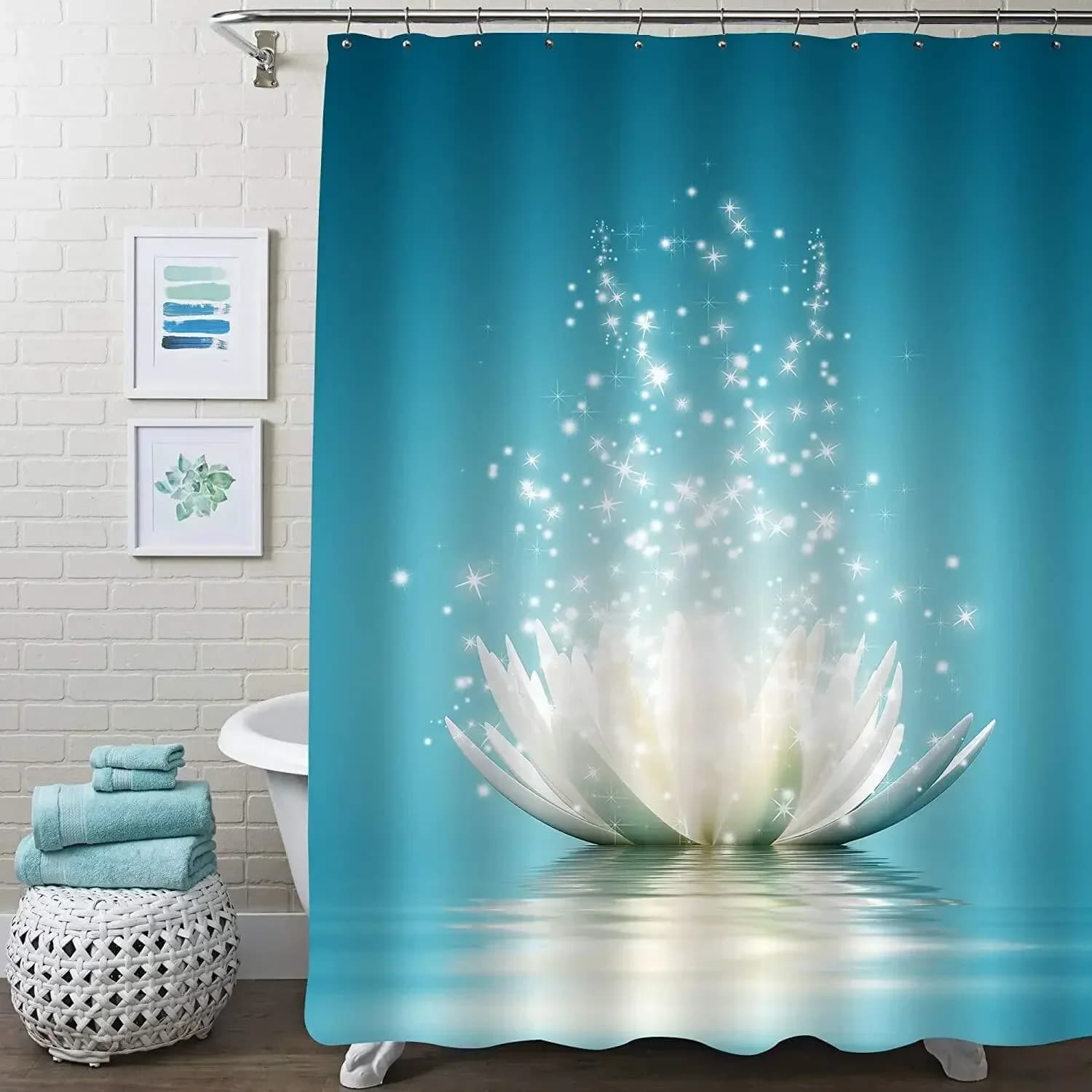 Tende da doccia con fiori di loto bianco per l'arredamento del bagno Zen Spa, set di tende da bagno in poliestere floreale asiatico, regalo per donne e ragazze