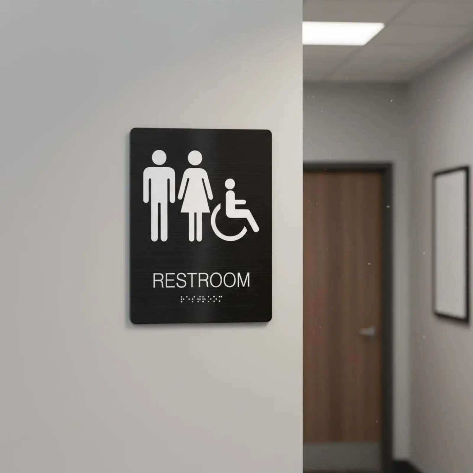 Premium Restroom Sign Brushed Metal Braille Unisex Plaque for Hotel Toilet Door High Traffic Area