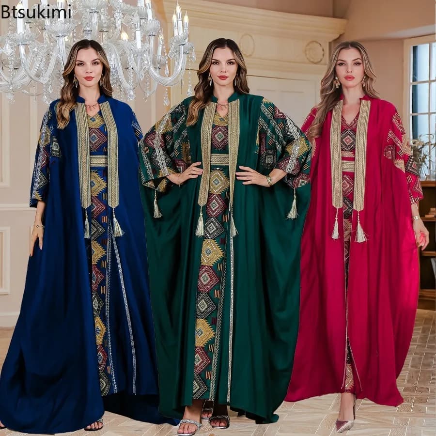 Eid Muslim 2 Piece Sets Women Embroidery Evening Dresses Open Abaya Dress Sets Jalabiya Ramadan Dubai Kaftan Party Cardigan Robe