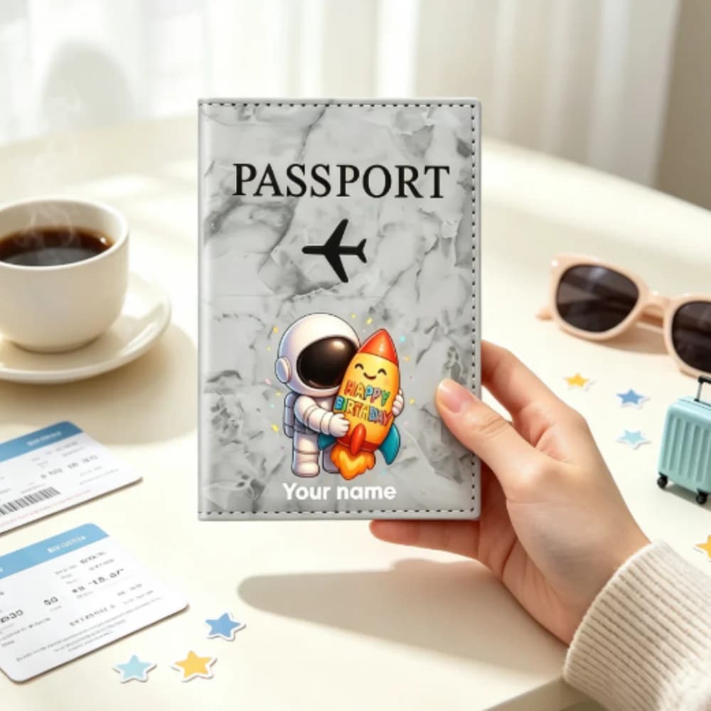 Custom Personalized Name Astronaut Rocket Themed PU Passport Holder, Fun Astronaut Illustration Design Travel Accessory