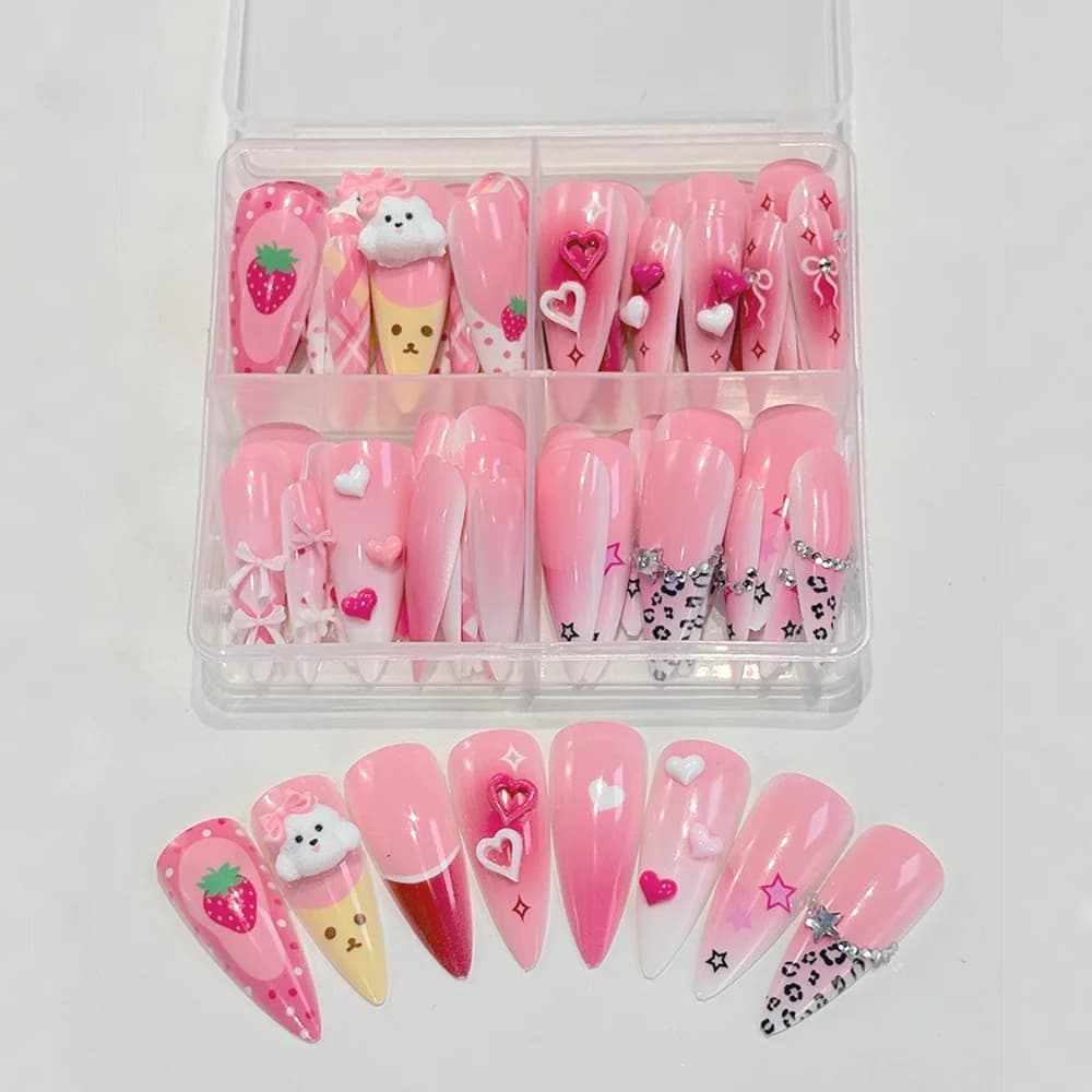96 Pieces Fins Stiletto Lungs Pink with 3D Strawberry Shape Charm and Bow, Y2K Style Girls' Fin Nails for Party and Daily Use TD